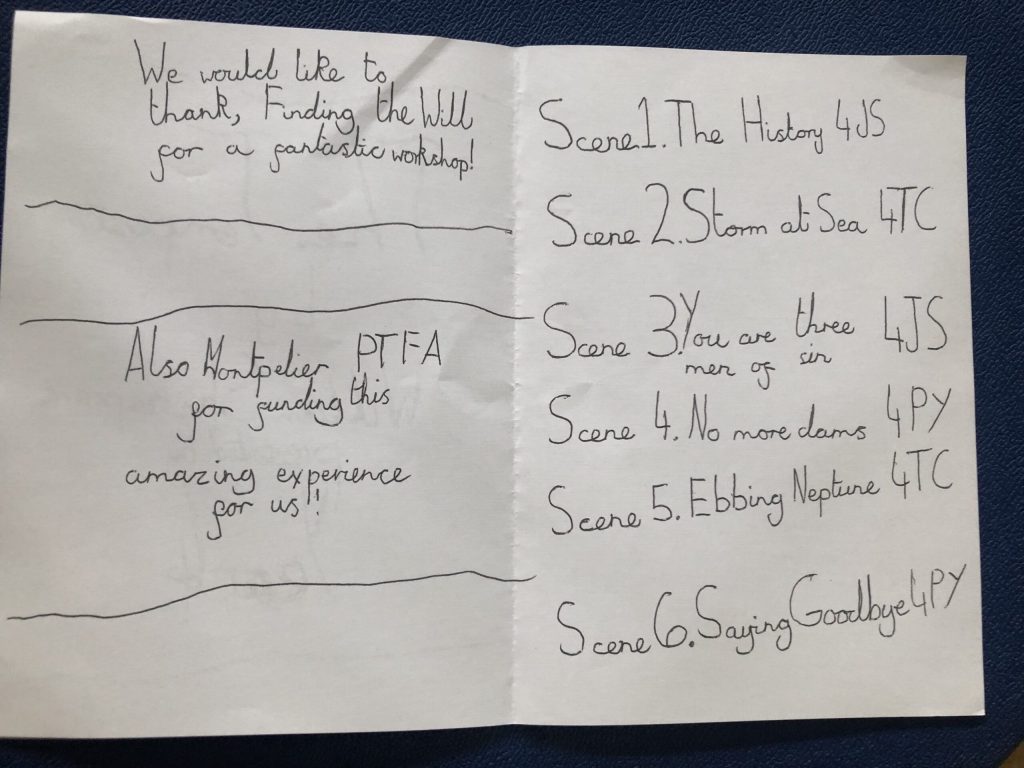 Inside of the Programme written by a Y4 child for The Tempest. Scenes listed on the right and thanks on the left.