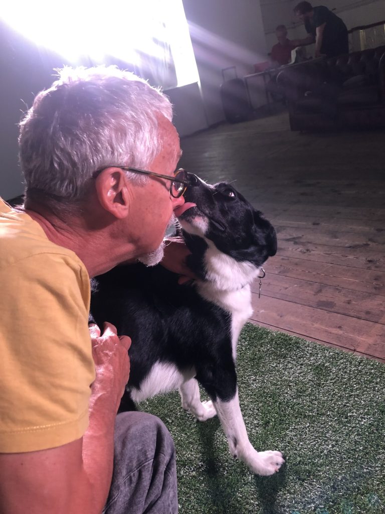 Richard Curnow in a yellow TShirt being licked by Flash the black and white collie dog.