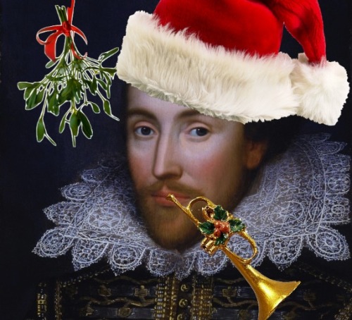 Christmas Shakespeare wearing a Father Christmas hat, mistletoe to his left and a small gold trumpet in his mouth. Head and shoulders on a black background.