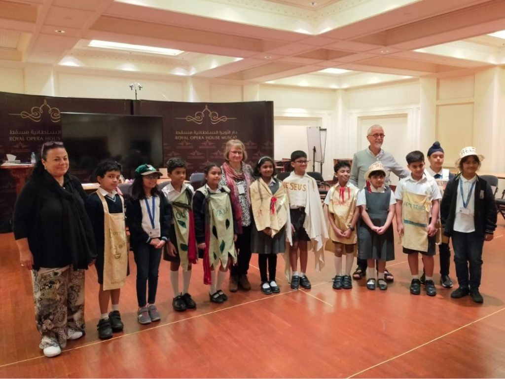 Image shows Jules and Richard hosting a workshop at the Royal Opera House in Muscat