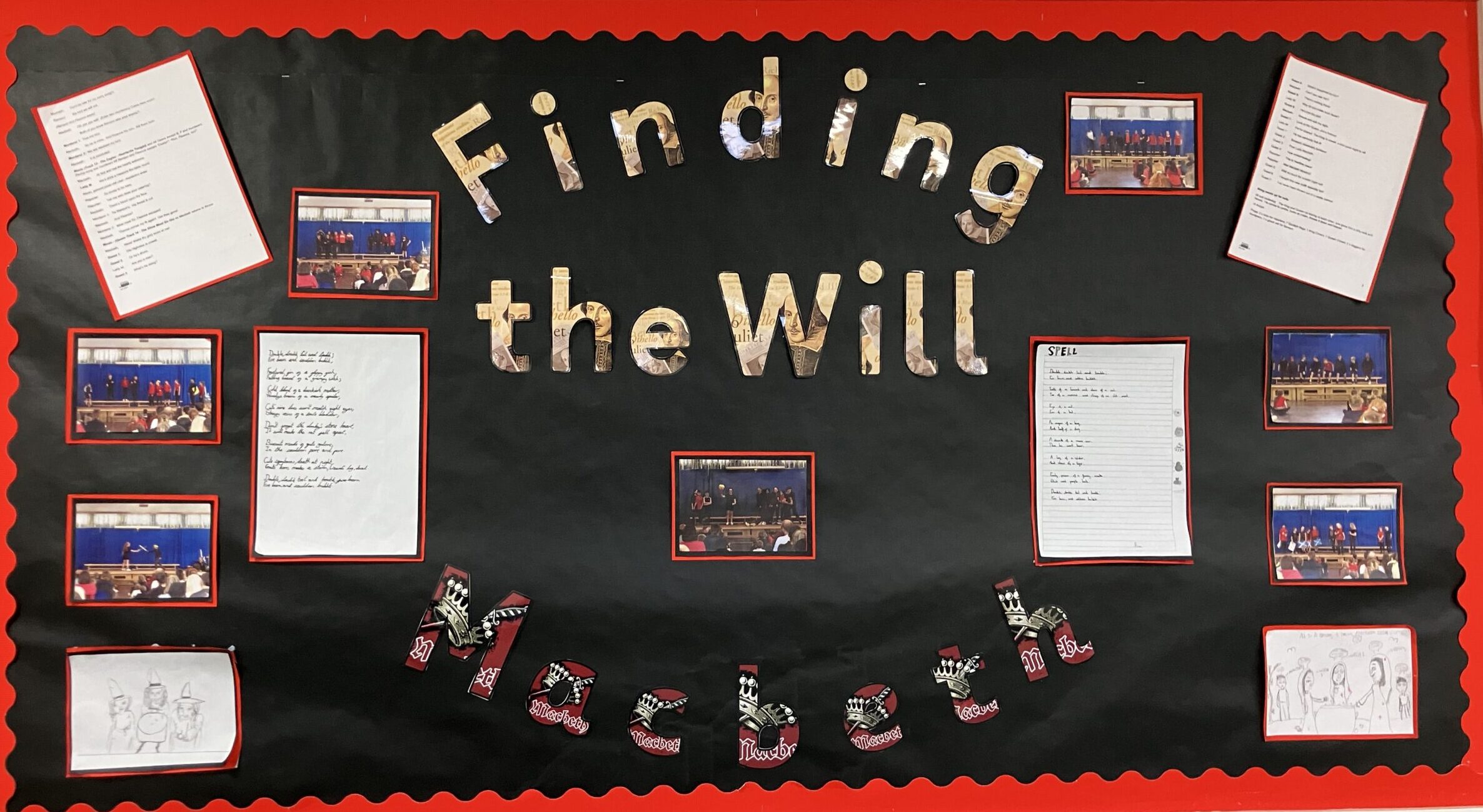Display of work produced by St Botolph's Primary on Macbeth. Finding the Will is in big letters in the centre, with the Macbeth underneath.
