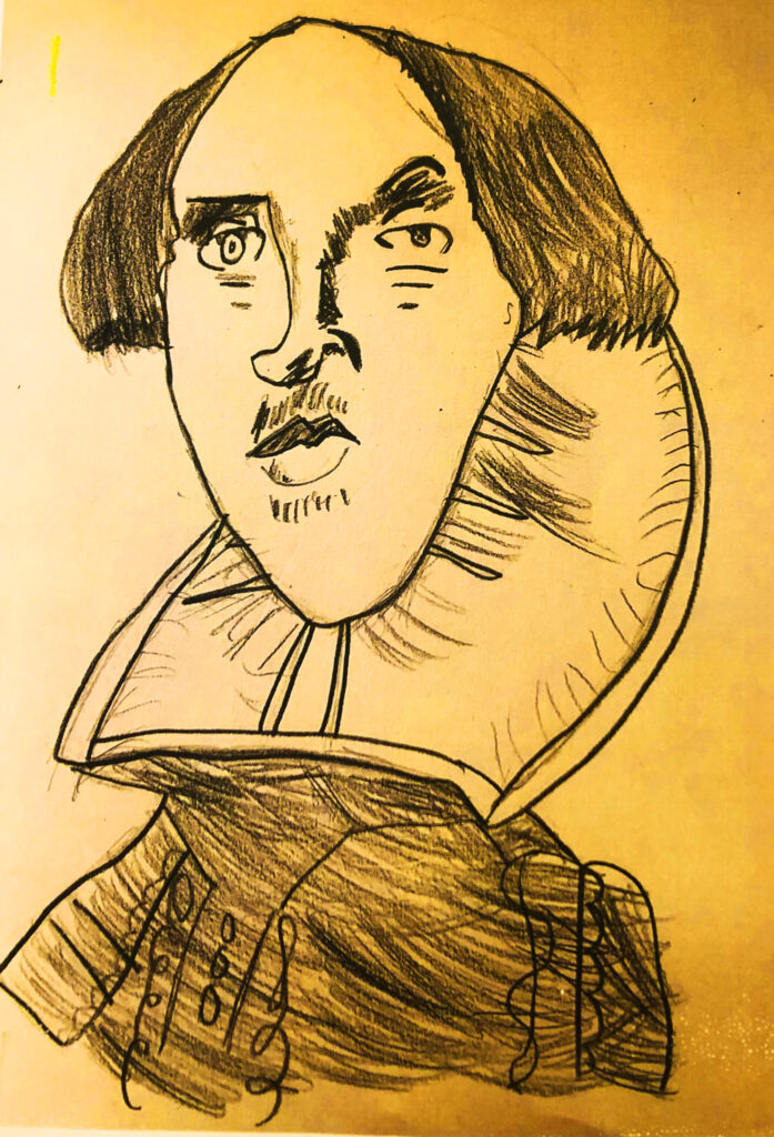 Ink drawing of birthday boy Shakespeare by a child on an orange/sepia background.