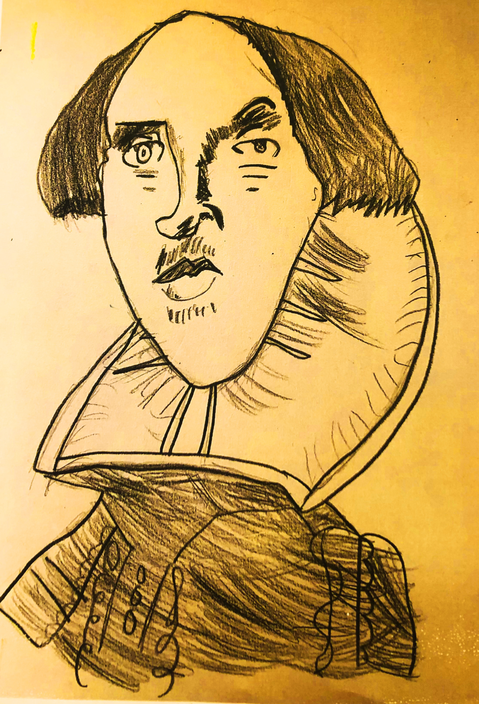 Ink drawing of birthday boy Shakespeare by a child on an orange/sepia background.