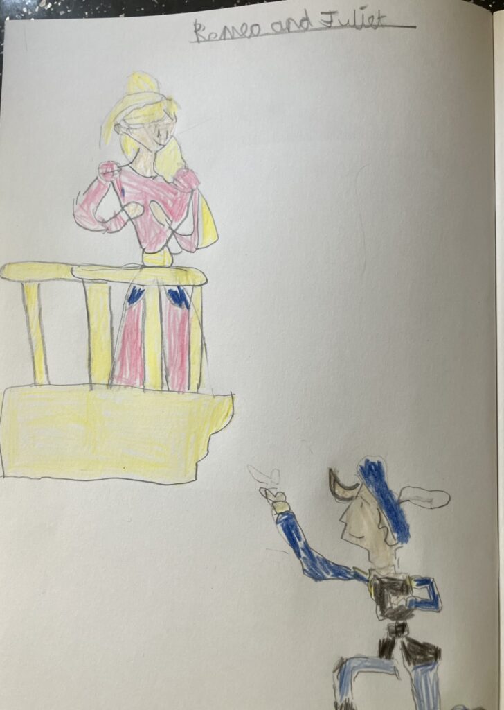 A drawing of blonde Juliet in a pink dress on her yellow balcony with Romeo in a blue hat, jacket and knickerbockers, kneeling beneath with his right hand raised up towards her.